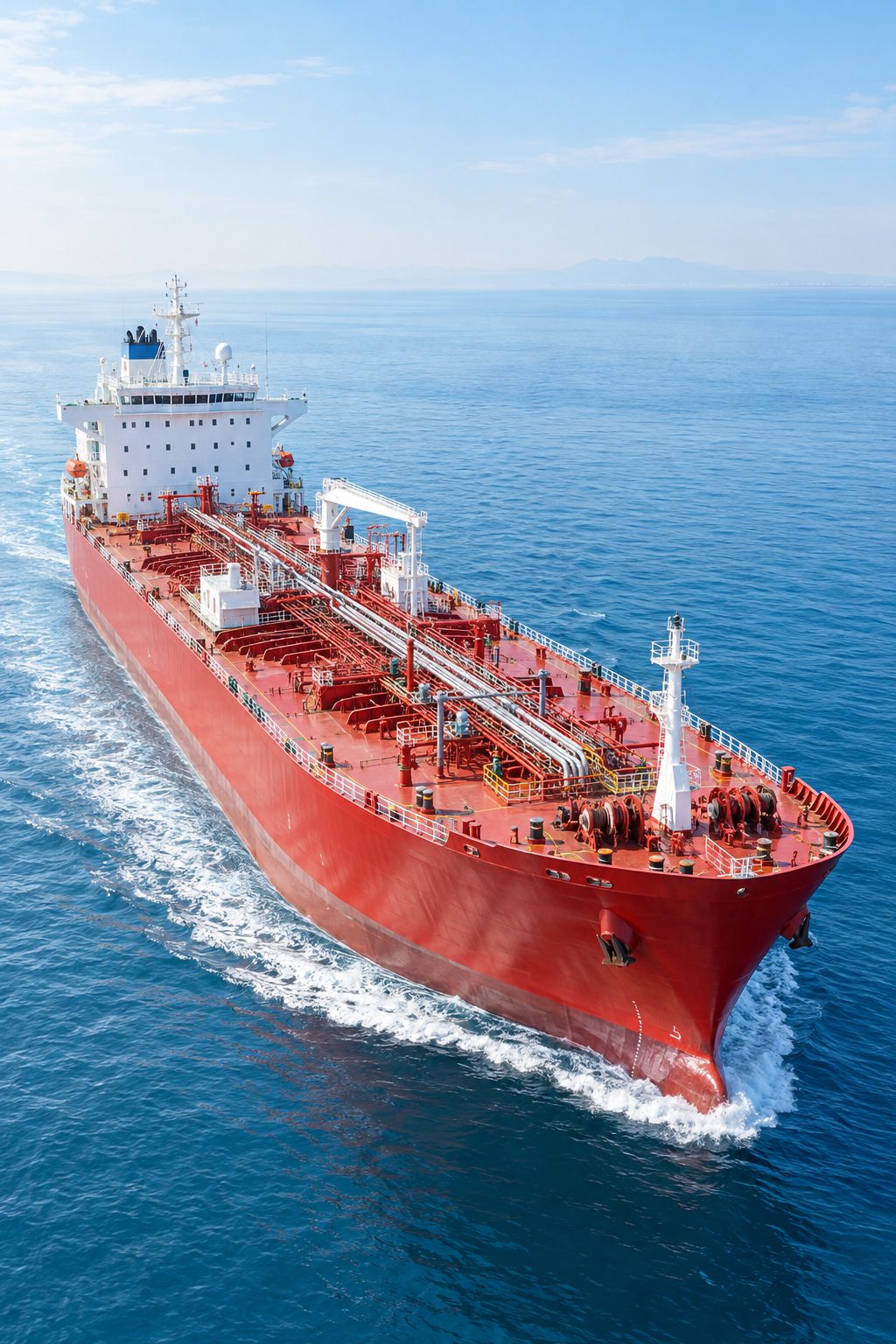Red-hulled product tanker under way on open sea